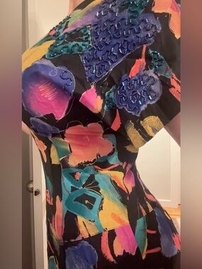 Vintage 80s Floral Maxi Gown in Black with Multicolor Bloom